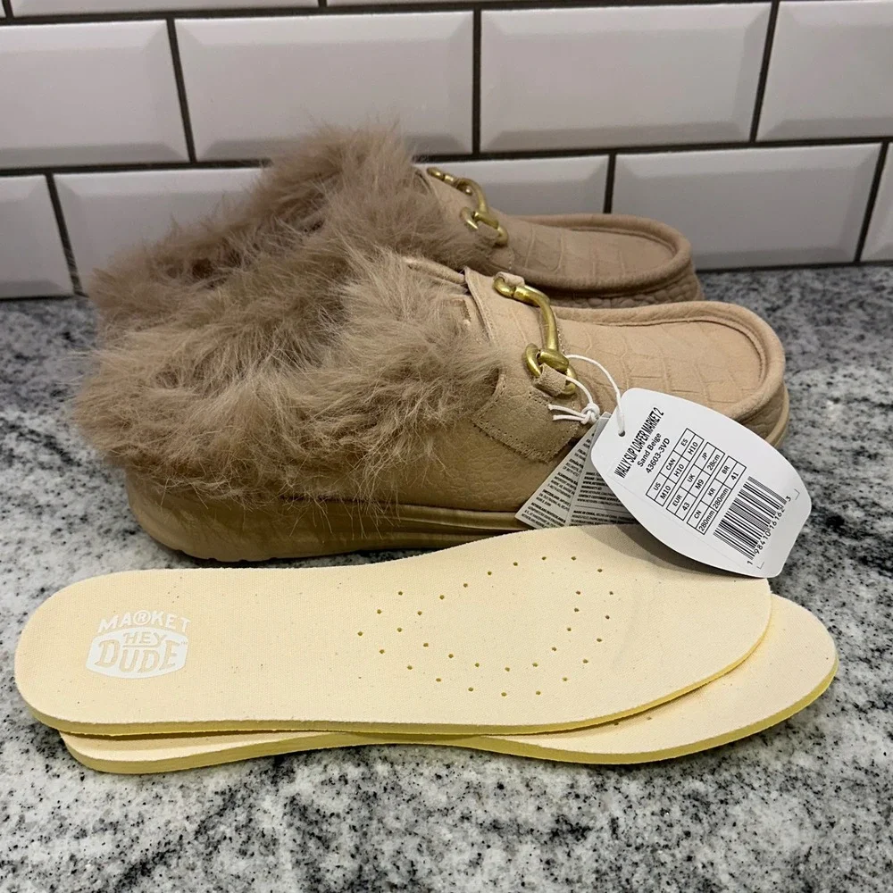 Hey Dude Mens 10 Wally Slip Loafer Market 2 Sand Beige Croc Faux Fur Horsebit